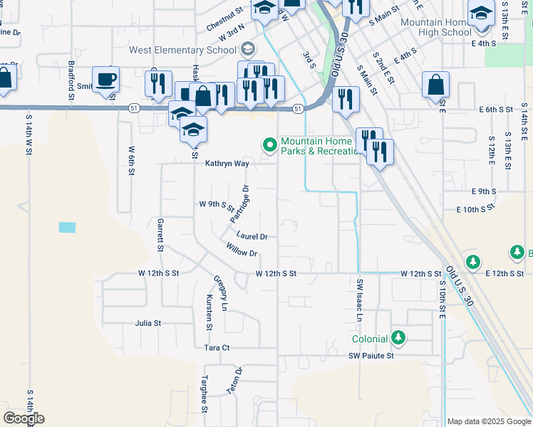 map of restaurants, bars, coffee shops, grocery stores, and more near 1050 Robin Place in Mountain Home