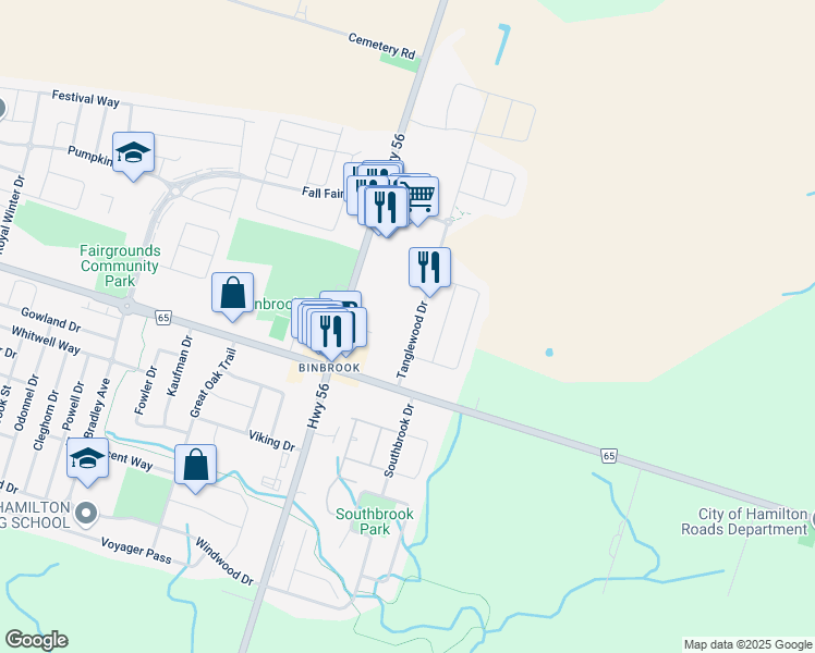 map of restaurants, bars, coffee shops, grocery stores, and more near 61 Tanglewood Drive in Hamilton