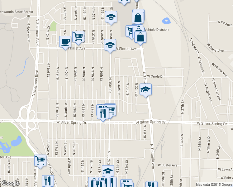 map of restaurants, bars, coffee shops, grocery stores, and more near 5731 North 34th Street in Milwaukee