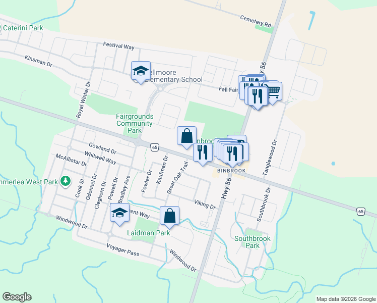 map of restaurants, bars, coffee shops, grocery stores, and more near 3084 Binbrook Road in Hamilton