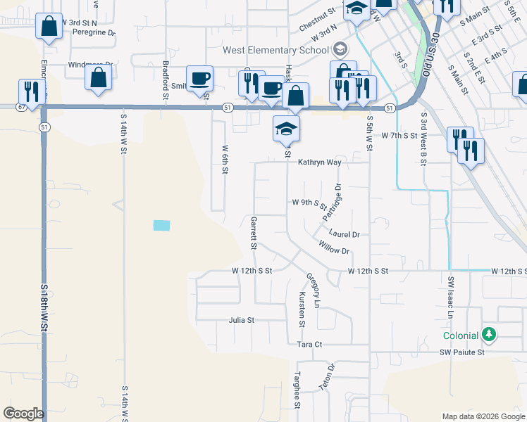 map of restaurants, bars, coffee shops, grocery stores, and more near 960 Poplar Drive in Mountain Home