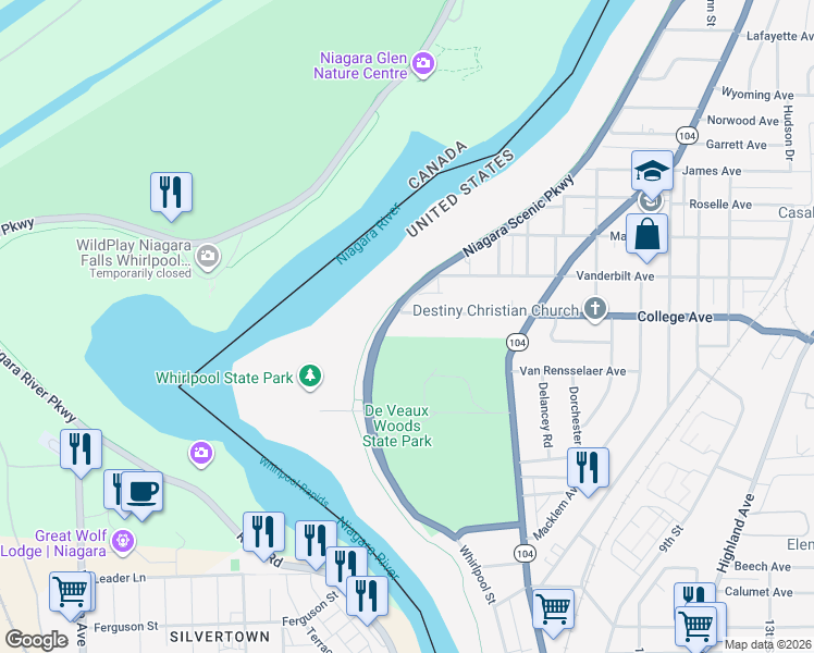 map of restaurants, bars, coffee shops, grocery stores, and more near 441 College Avenue in Niagara Falls