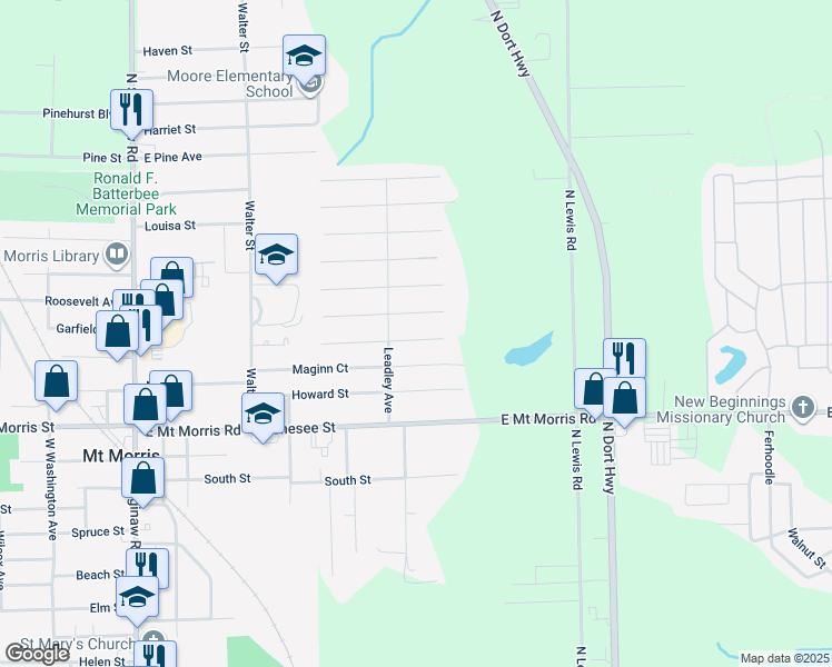 map of restaurants, bars, coffee shops, grocery stores, and more near 1287 Gordon Street in Mount Morris