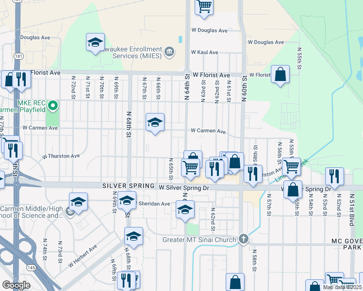map of restaurants, bars, coffee shops, grocery stores, and more near 5735 North 64th Street in Milwaukee