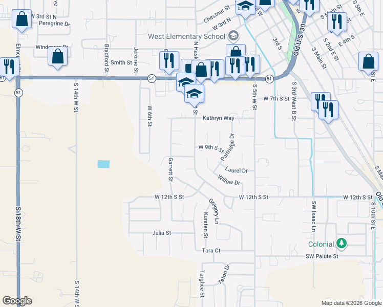 map of restaurants, bars, coffee shops, grocery stores, and more near 915 South Haskett Street in Mountain Home