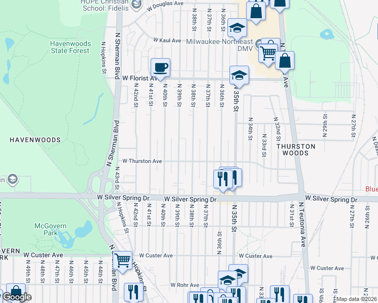map of restaurants, bars, coffee shops, grocery stores, and more near 5727 North 38th Street in Milwaukee