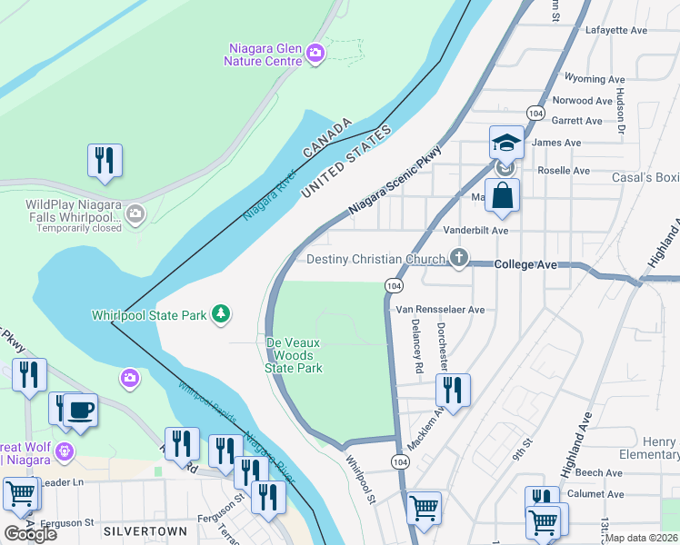 map of restaurants, bars, coffee shops, grocery stores, and more near 487 College Ave in Niagara Falls