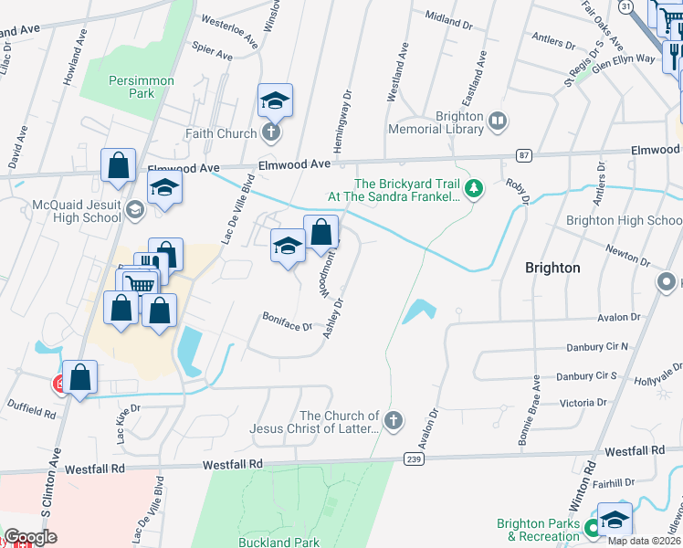 map of restaurants, bars, coffee shops, grocery stores, and more near 85 Ashley Drive in Rochester
