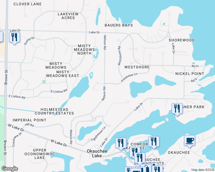 map of restaurants, bars, coffee shops, grocery stores, and more near N56W35275 Pondview Lane in Oconomowoc