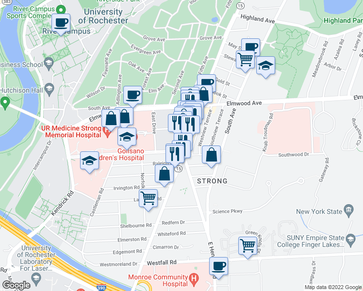 map of restaurants, bars, coffee shops, grocery stores, and more near 1431 Mount Hope Avenue in Rochester