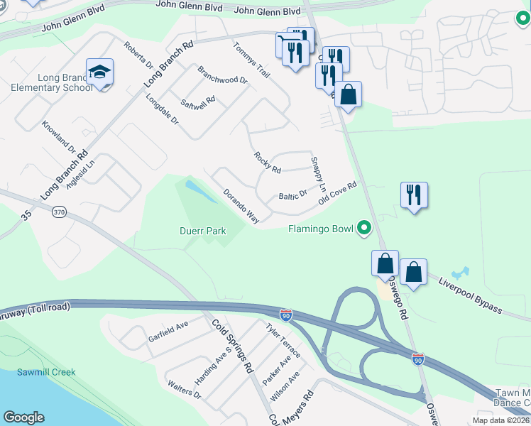 map of restaurants, bars, coffee shops, grocery stores, and more near 300 Old Cove Road in Liverpool