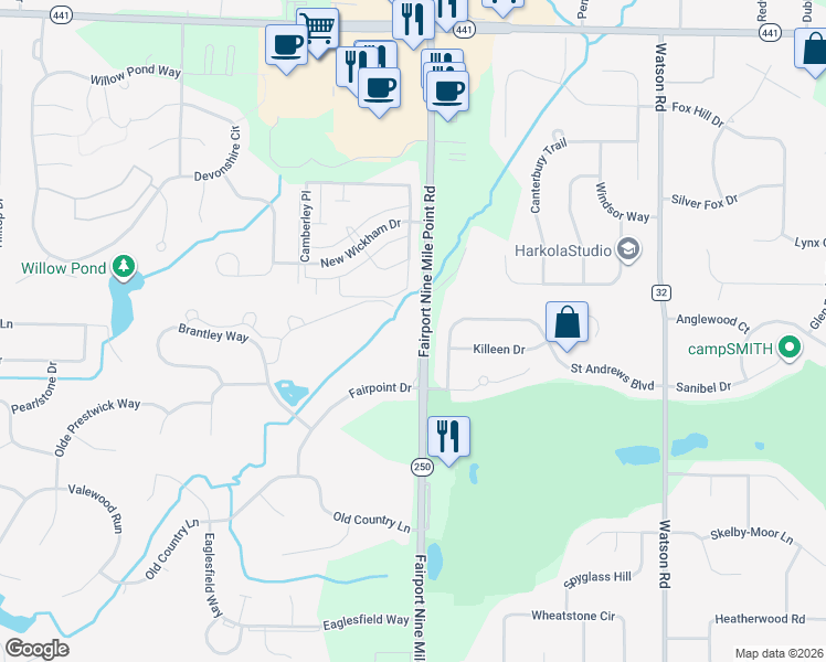 map of restaurants, bars, coffee shops, grocery stores, and more near 4275 New York 250 in Penfield