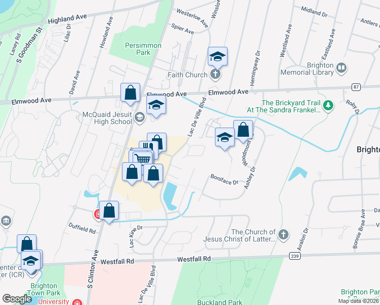 map of restaurants, bars, coffee shops, grocery stores, and more near 121 Brittany Circle in Rochester