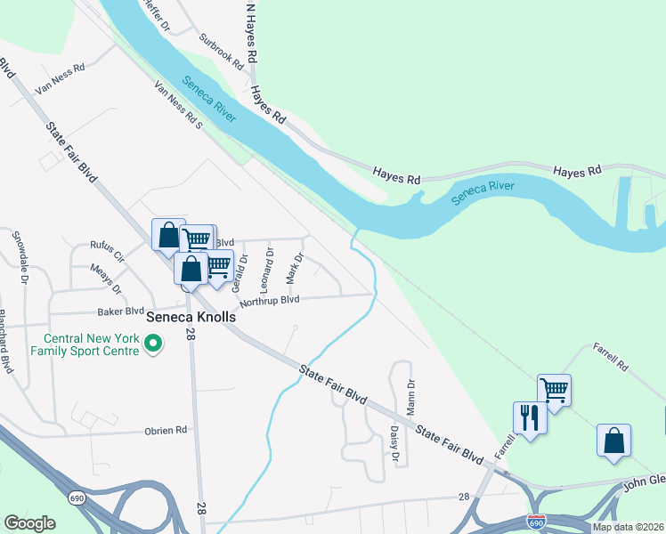 map of restaurants, bars, coffee shops, grocery stores, and more near 104 Seneca View Drive in Syracuse