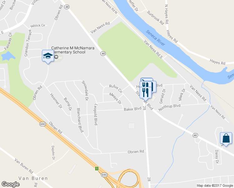 map of restaurants, bars, coffee shops, grocery stores, and more near 104 Leopold Boulevard in Syracuse