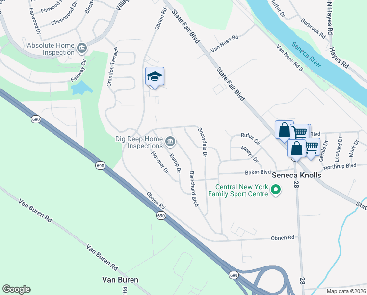 map of restaurants, bars, coffee shops, grocery stores, and more near 205 Resseguie Drive in Syracuse