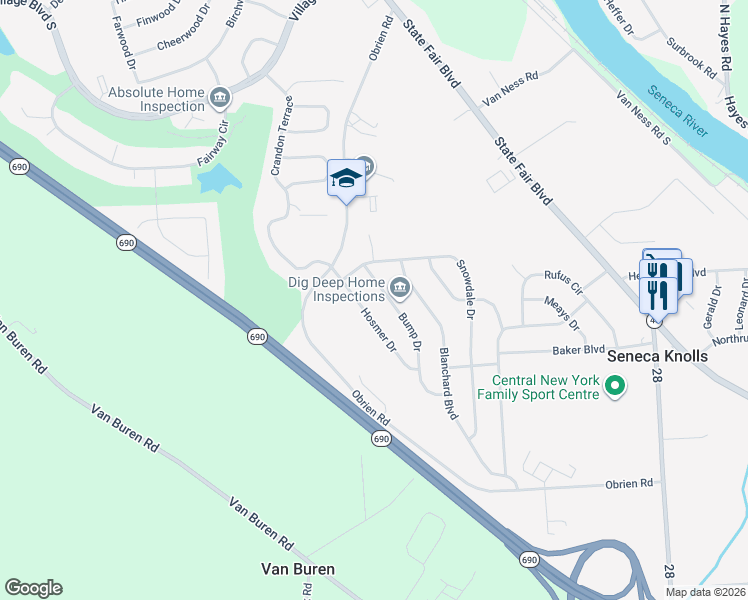 map of restaurants, bars, coffee shops, grocery stores, and more near 120 Hosmer Drive in Syracuse