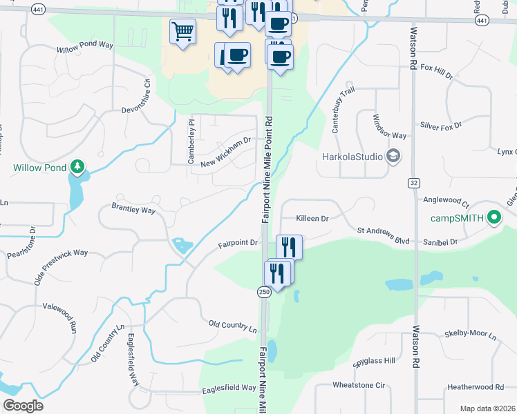 map of restaurants, bars, coffee shops, grocery stores, and more near 4275 New York 250 in Penfield