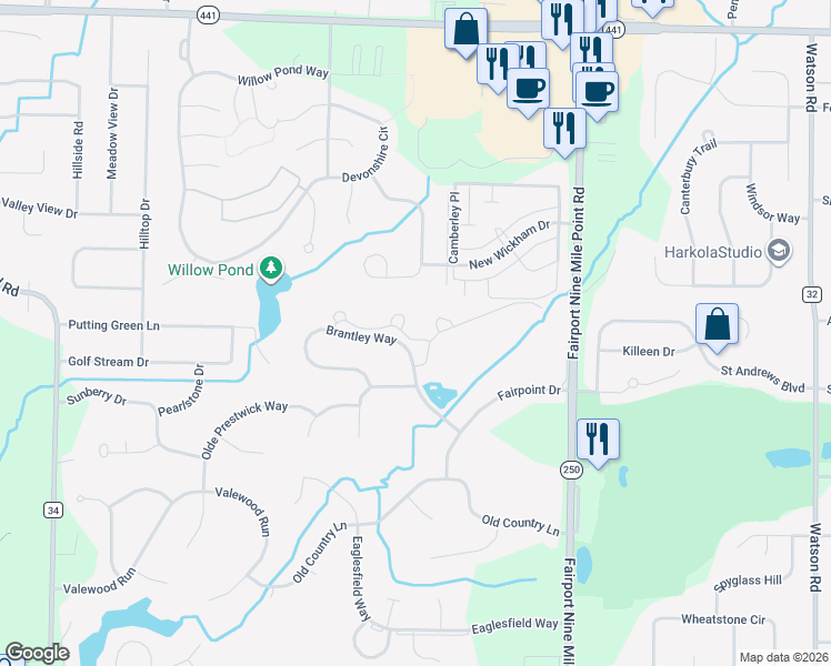 map of restaurants, bars, coffee shops, grocery stores, and more near 70 Onyx Drive in Penfield