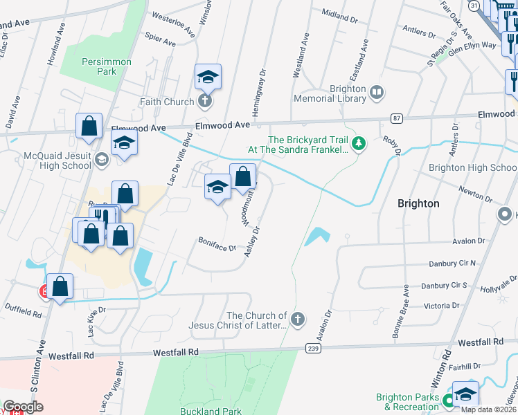 map of restaurants, bars, coffee shops, grocery stores, and more near 85 Ashley Drive in Rochester