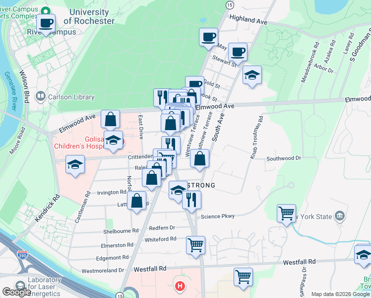 map of restaurants, bars, coffee shops, grocery stores, and more near 134 Westview Terrace in Rochester