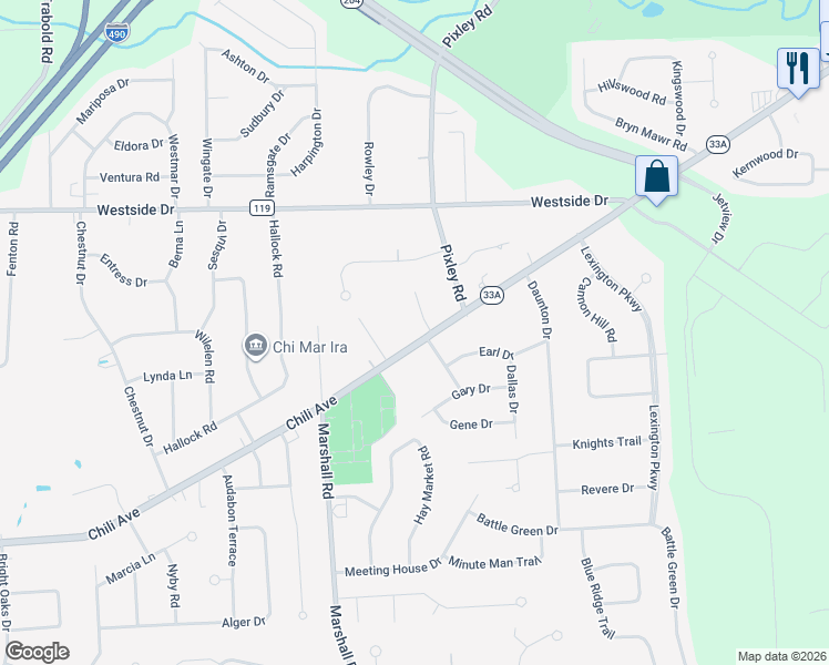 map of restaurants, bars, coffee shops, grocery stores, and more near 2738 Chili Avenue in Rochester