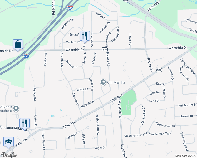 map of restaurants, bars, coffee shops, grocery stores, and more near 23 Chi Mar Drive in Rochester