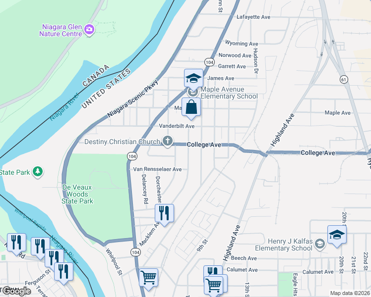 map of restaurants, bars, coffee shops, grocery stores, and more near 3840 Macklem Avenue in Niagara Falls