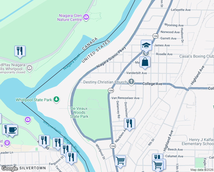 map of restaurants, bars, coffee shops, grocery stores, and more near 521 College Avenue in Niagara Falls