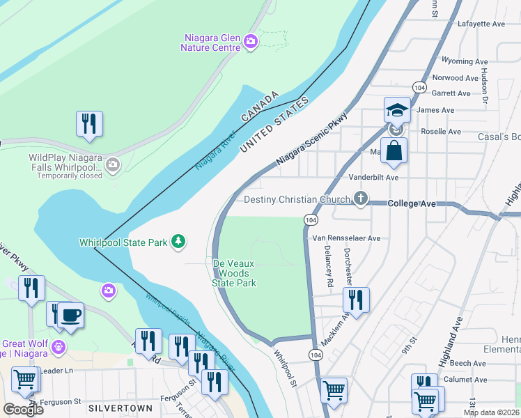 map of restaurants, bars, coffee shops, grocery stores, and more near 487 College Avenue in Niagara Falls
