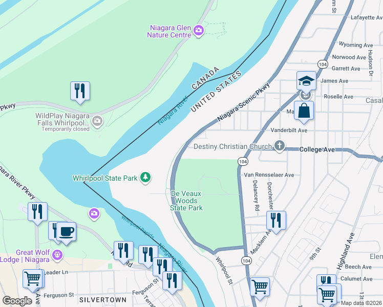 map of restaurants, bars, coffee shops, grocery stores, and more near 441 College Avenue in Niagara Falls