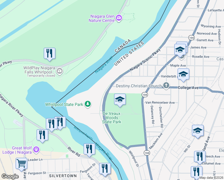 map of restaurants, bars, coffee shops, grocery stores, and more near 441 College Avenue in Niagara Falls