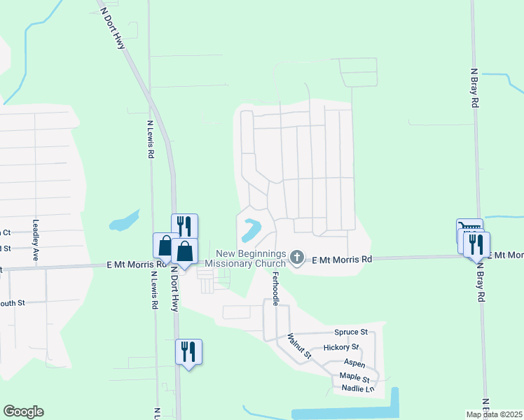 map of restaurants, bars, coffee shops, grocery stores, and more near 19-53 Lake Ness Drive in Mount Morris Township