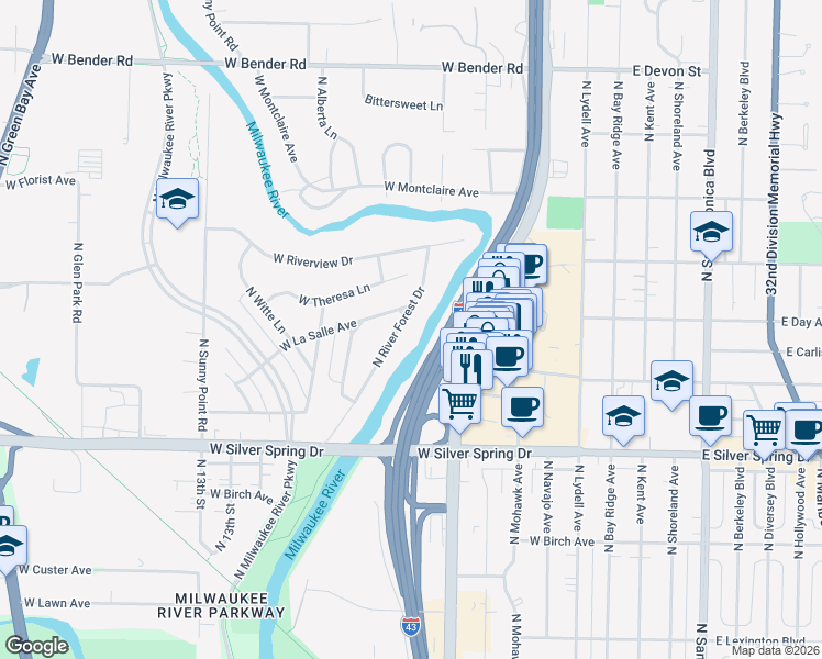 map of restaurants, bars, coffee shops, grocery stores, and more near 5790 North River Forest Drive in Glendale