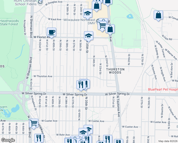 map of restaurants, bars, coffee shops, grocery stores, and more near 5731 North 34th Street in Milwaukee