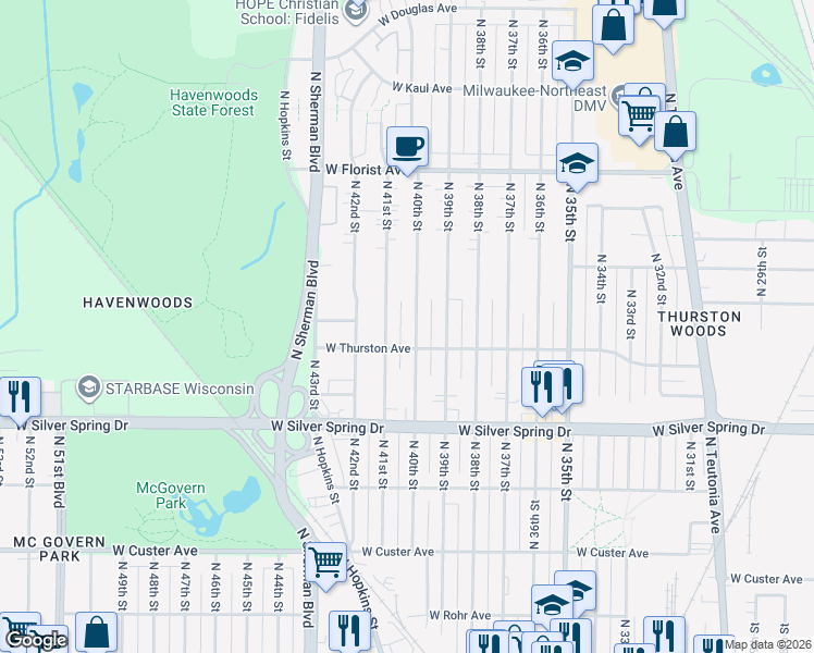 map of restaurants, bars, coffee shops, grocery stores, and more near 5720 North 41st Street in Milwaukee