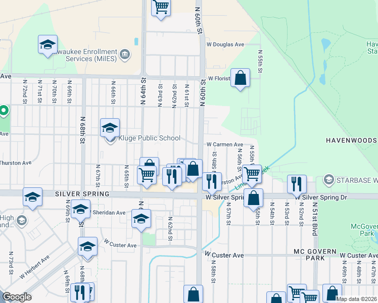 map of restaurants, bars, coffee shops, grocery stores, and more near 5730 North 61st Street in Milwaukee