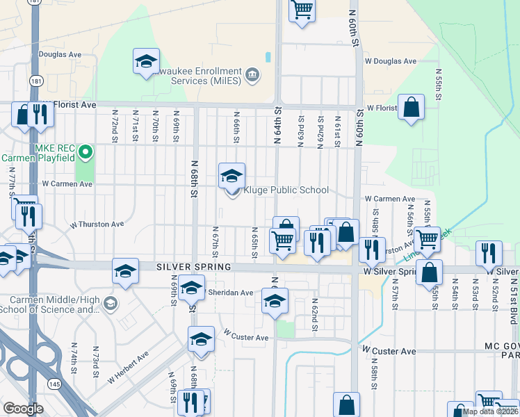 map of restaurants, bars, coffee shops, grocery stores, and more near 5735 North 64th Street in Milwaukee