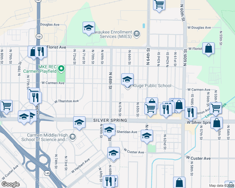 map of restaurants, bars, coffee shops, grocery stores, and more near 5735 North 67th Street in Milwaukee