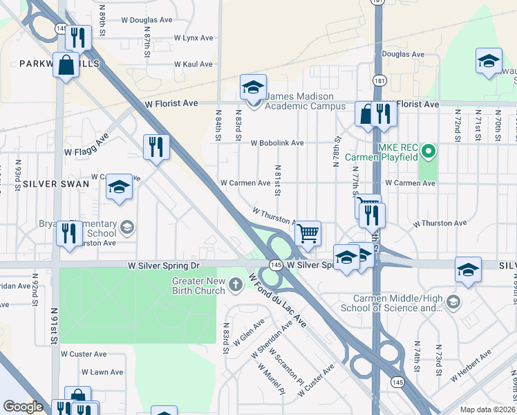 map of restaurants, bars, coffee shops, grocery stores, and more near 8201 West Thurston Avenue in Milwaukee