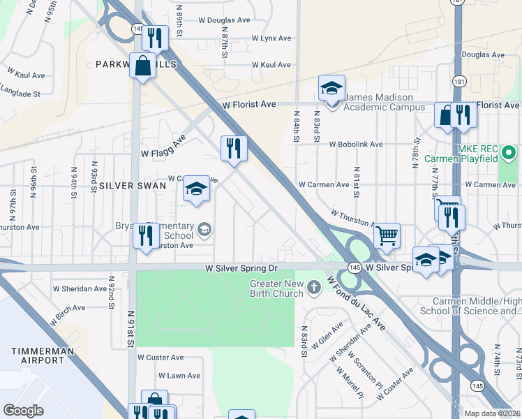 map of restaurants, bars, coffee shops, grocery stores, and more near 8612-8614 West Medford Avenue in Milwaukee