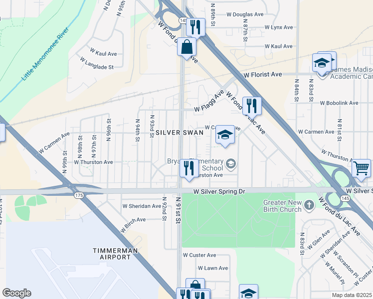 map of restaurants, bars, coffee shops, grocery stores, and more near 5723 North 91st Street in Milwaukee