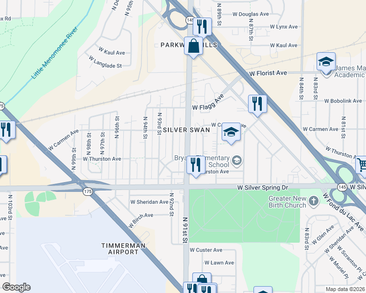 map of restaurants, bars, coffee shops, grocery stores, and more near 5723 North 91st Street in Milwaukee