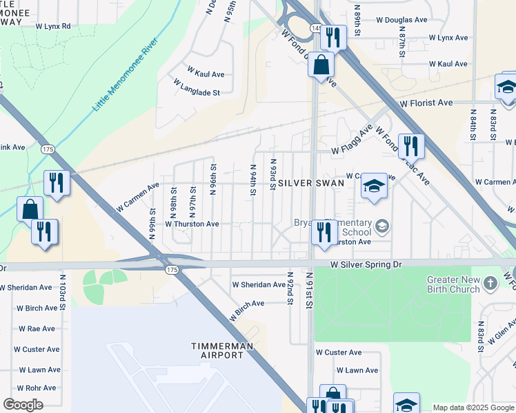 map of restaurants, bars, coffee shops, grocery stores, and more near 5730 North 94th Street in Milwaukee