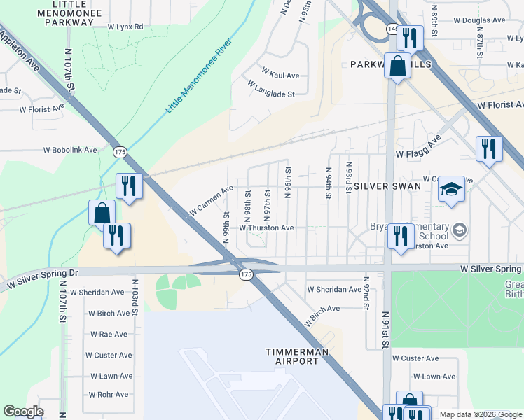 map of restaurants, bars, coffee shops, grocery stores, and more near 5731 North 97th Street in Milwaukee