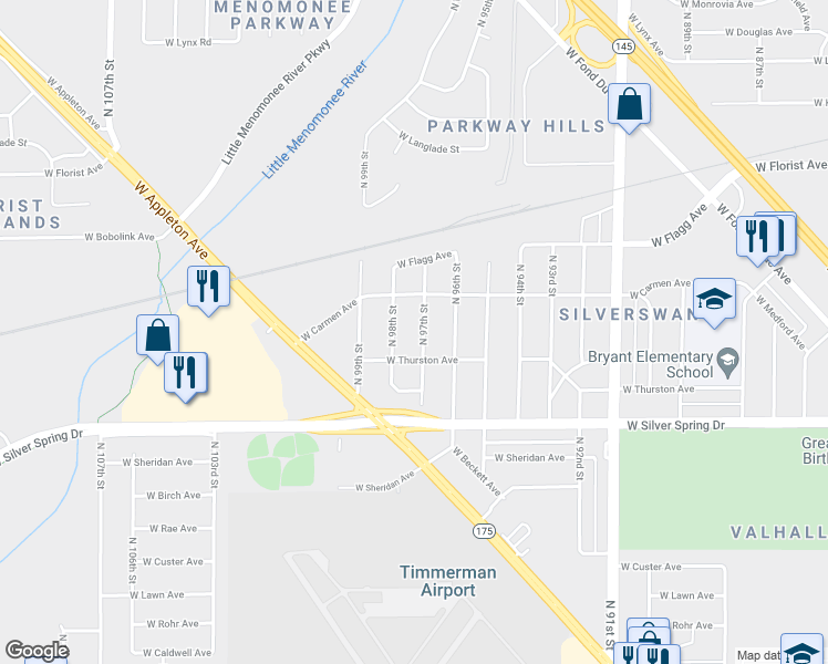 map of restaurants, bars, coffee shops, grocery stores, and more near 5731 North 97th Street in Milwaukee