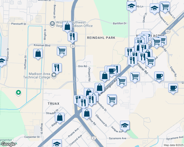 map of restaurants, bars, coffee shops, grocery stores, and more near 1713 Onsgard Road in Madison