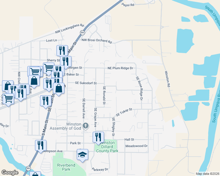 map of restaurants, bars, coffee shops, grocery stores, and more near 241 Southeast Johnson Street in Winston