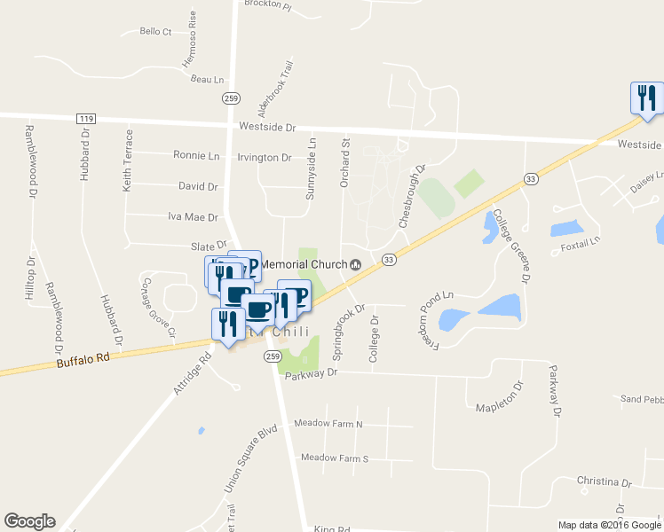 map of restaurants, bars, coffee shops, grocery stores, and more near 69 Orchard Street in North Chili