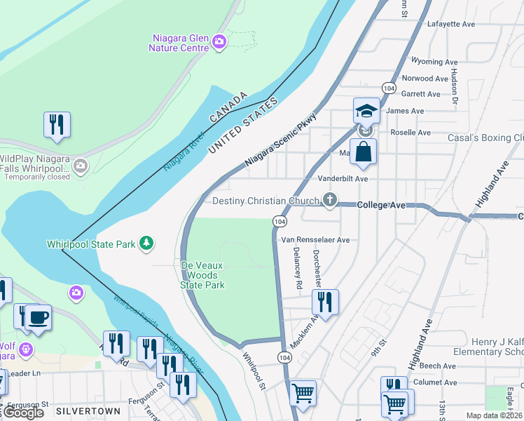 map of restaurants, bars, coffee shops, grocery stores, and more near 521 College Avenue in Niagara Falls